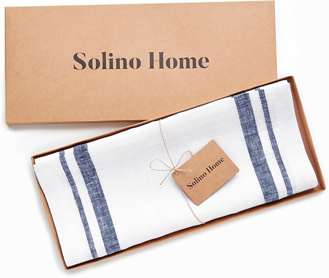 Solino Home Striped Linen Table Runner 90 Inches Long - French Stripe 100% Pure Linen Navy and White Dining Table Runner 16 x 90 Inch