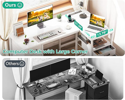 Coleshome L Shaped Computer Desk with 6 Drawers & Power Outlet, 55 Inch Corner Desk with Reversible Storage Shelf & File Drawer, Home Office Desk, White