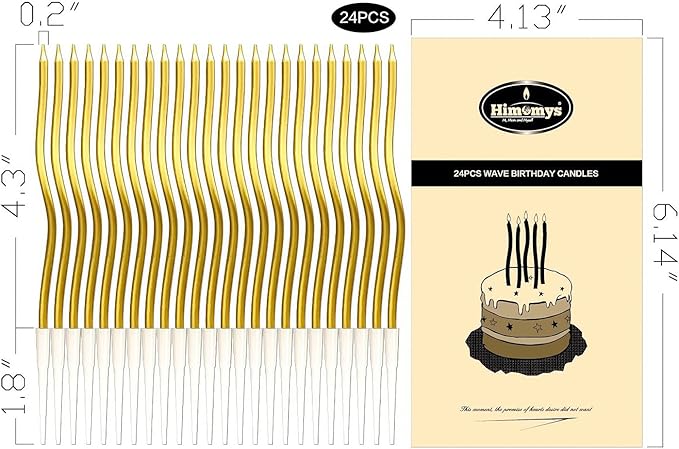 Gold Spiral Long Thin Birthday Candles for Cake – Metallic Cake Decorations, Happy Birthday Candles with Holders, Long Lasting & Safe (24, Gold)