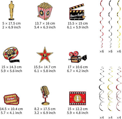 Movie Night Hanging Swirl Set Party Decorations, 48 Pcs, Hollywood Theme with Popcorn Trophy Microphone Film Reel Party Supplies Sign, Red Black Gold