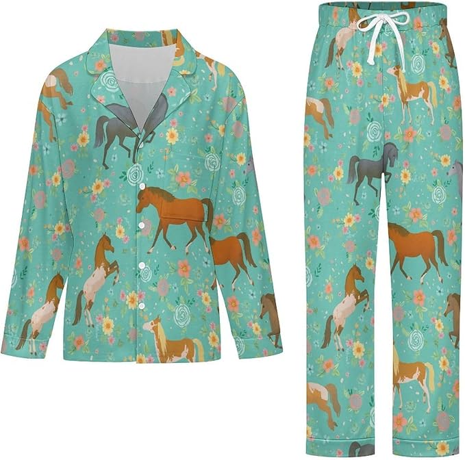 Lemons Leaves Ceramic Style Womens Pajama Set Long Sleeve Pajamas Top And Pants Soft Loungewear Pjs Sets