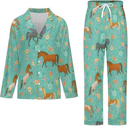 Lemons Leaves Ceramic Style Womens Pajama Set Long Sleeve Pajamas Top And Pants Soft Loungewear Pjs Sets