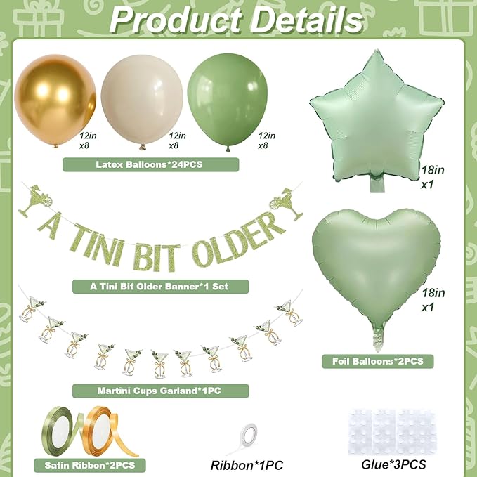 A Tini Bit Older Birthday Decorations Glitter Sage Green Gold Balloon Set Star Heart Foil Balloons Martini Glasses Bunting Banner Garland Cocktail Night Bachelorette Bridal Shower Bar Party Girl Women