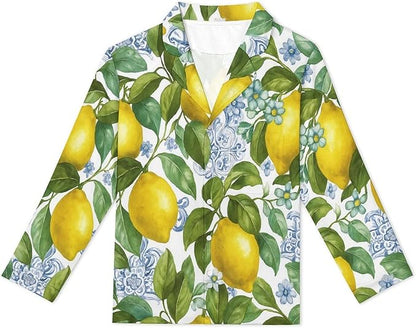 Lemons Leaves Ceramic Style Womens Pajama Set Long Sleeve Pajamas Top And Pants Soft Loungewear Pjs Sets
