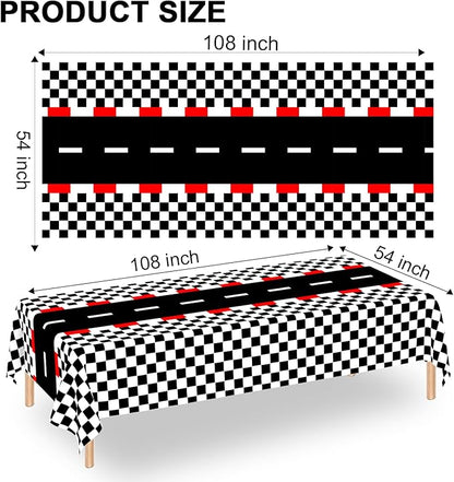 WNINK 3 PCS Racing Car Theme Tablecloths Car Disposable Plastic Tablecloths Black Checkered Flag Table Covers Racetrack Rectangular Tablecloth for Race Car Birthday Party Decorations, 54 x 108 Inch