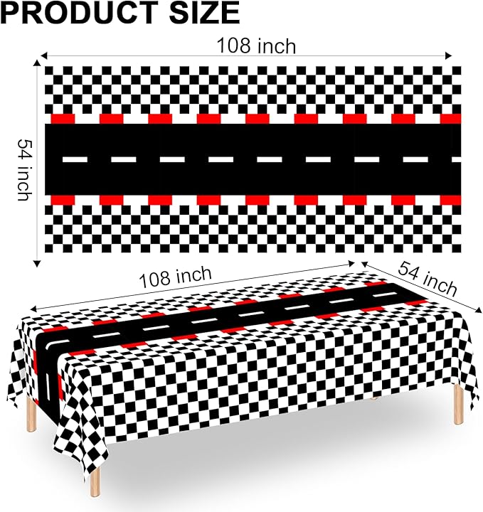 WNINK 6 PCS Racing Car Theme Tablecloths Car Disposable Plastic Tablecloths Black Checkered Flag Table Covers Racetrack Rectangular Tablecloth for Race Car Birthday Party Decorations, 54 x 108 Inch