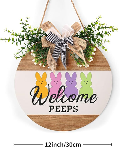 Harooni Easter Decorations Welcome Peeps Door Sign, Cute Bunny Easter Wreaths for Front Door Farmhouse Spring Door Hanger Wooden Wreath Sign with Bow Easter Porch Decorations for Home Yard Garden