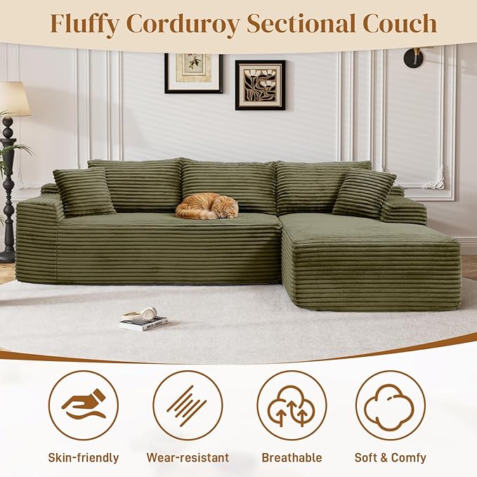 95" L Shaped Boneless Sectional Couches, Wide Armrest, Deep Seat, Memory Foam, Assembly Free, Modern Comfy Corduroy Fluffy Cloud Sofa with Right Chaise for Living Room, Small Spaces, Green