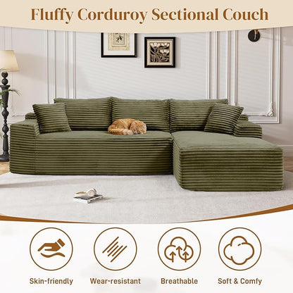 95" L Shaped Boneless Sectional Couches, Wide Armrest, Deep Seat, Memory Foam, Assembly Free, Modern Comfy Corduroy Fluffy Cloud Sofa with Right Chaise for Living Room, Small Spaces, Green