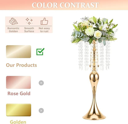 Wedding Centerpieces for Tables - Gold Flower Vases for Centerpieces, 2Pcs Tall Metal Flower Vases with Chandelier Crystal, 21.3in Flower Stand for Wedding Reception Birthday Party Events Home Decor