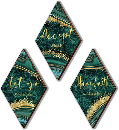 3Pcs Green Gold Bathroom Decor Green Gold Wall Decor with Accept Let Go Have Faith Quote Rustic Vintage Farmhouse Wooden Hanging Signs for Home Laundry Living Bedroom(12x7 inch)