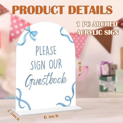 Please Sign Our Guestbook Sign - Blue Bow Baby Shower Sign, 1 Pack Arch Acrylic Sign with Stand, Gender Reveal Party Table Decor, Blue Baby Shower Supplies (SP12)