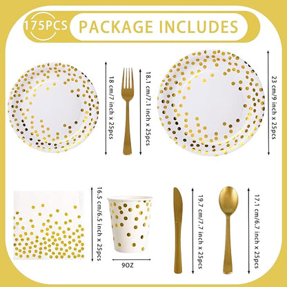 175pcs Premium White Gold Paper Plates Napkins, Golden Dot Party Supplies Set Severs For 25 Guests Paper for Birthday Baby Shower