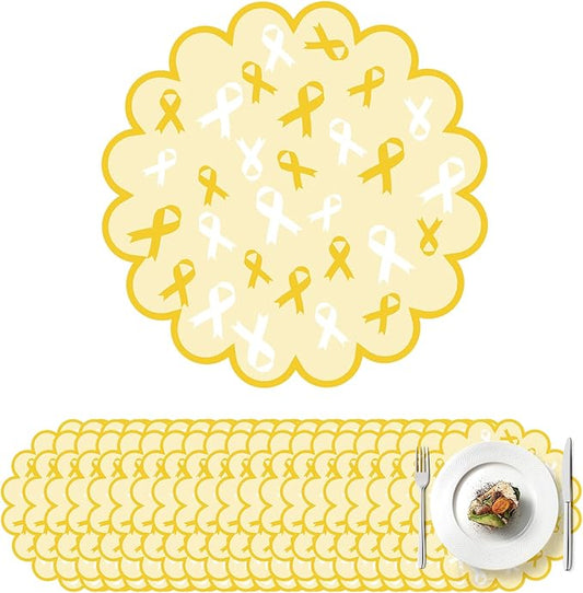 100 Pcs Childhood Cancer Awareness Items 13.5" Scalloped Childhood Cancer Awareness Paper Placemats Gold Ribbon Place Mats for Fundraisers Charity Survivor Fighter Party Supplies
