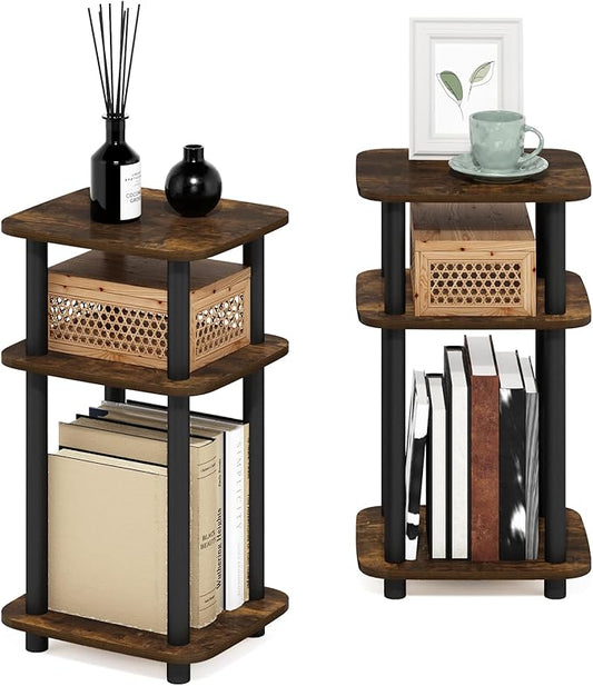 Furinno JUST Side Table Set of 2, 3-Tier Turn-N-Tube End Table with Open Shelf, Round Curve Corner Night Stand, Bedside Table, Easy Assembly, for Living Room, Bedroom, Amber Pine