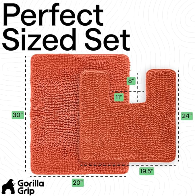GORILLA GRIP Bathroom Rug Sets, Soft Chenille 2 Piece Area Rugs Set, Toilet Base Mat and 30x20 Carpet, Absorbent Microfiber Washable Mats Dry Quickly, Home Décor and Bath Room Accessories, Coral