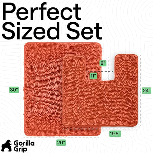GORILLA GRIP Bathroom Rug Sets, Soft Chenille 2 Piece Area Rugs Set, Toilet Base Mat and 30x20 Carpet, Absorbent Microfiber Washable Mats Dry Quickly, Home Décor and Bath Room Accessories, Coral