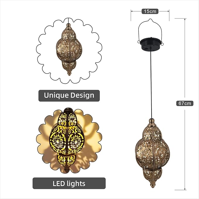 Hanging Solar Lights Garden Lights Metal Moroccan Lamp Waterproof for Outdoor Hanging Decor Yard Backyard Garden Decorative (1 Pack, Bronze)