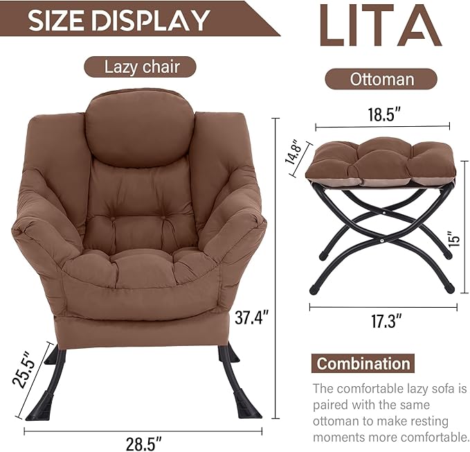 LITA Lazy Chair with Ottoman, Modern Accent Leisure Upholstered Sofa Chair, Contemporary Lounge Reading Chairs with Armrests and a Side Pocket for Living Room, Bedroom & Small Space, Dark Brown