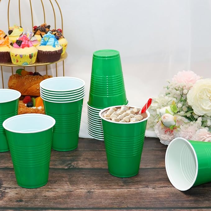 100 Pack Green Plastic Cups, 16 oz Green Disposable Cups, Plastic Party Cups Heavy Duty for Party Wedding Halloween Thansgiving Christmas Picnic