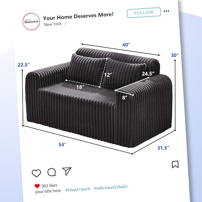 Hobestluk Couch Sofa 2-Seater Foam Sofa Loveseat for Small Spaces Comfy Sofas with Removable Cover Furry Couch with Pillows for Living Room, Bedroom, Apartment, Office (Dark Grey, Loveseat)