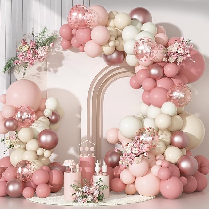 Ouddy Party Dusty Pink Balloons Arch Garland Kit, Different Sizes 18 12 10 5 Inch Boho Pink White Sand Latex Metallic Confetti Balloon for Girl Baby Shower Mothers Day Birthday Party Decorations