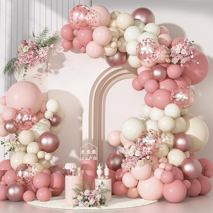Ouddy Party Dusty Pink Balloons Arch Garland Kit, Different Sizes 18 12 10 5 Inch Boho Pink White Sand Latex Metallic Confetti Balloon for Girl Baby Shower Mothers Day Birthday Party Decorations