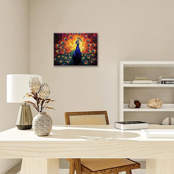 Peacock Wall Art, Elegance Peacock Pictures Wall Decor, Colorful Animal Canvas Prints Painting, Framed Artwork For Bathroom Living Room Office Bedroom Dining Room 16"X12"
