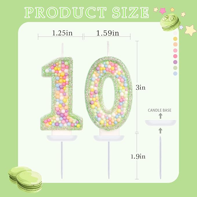 Green Birthday Candles - Number 10 Candle, Colorful Macaron Candles, 10 Birthday Decorations for Boys Girls, Green Cake Decorations, Theme Party Supplies