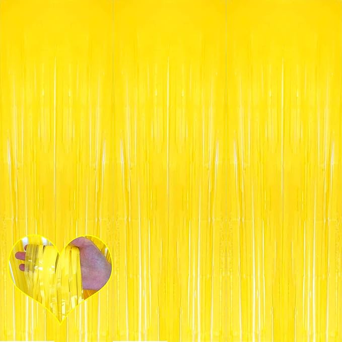 4 Pack Yellow Fringe Curtain Backdrop, 3.2Ft x 8.2Ft Metallic Tinsel Foil Fringe Streamers Background for Photo Booth Birthday Wedding Baby Shower Carnival Easter Mother’s Day Party Decorations