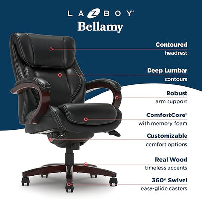 La-Z-Boy® Bellamy Executive Office Chair with Memory Foam Cushions, Real Wood Arms and Swivel Base, Waterfall Seat Edge, Faux Bonded Leather, Black