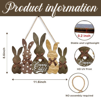 Kercan Happy Easter Hanging Door Sign Plaque Bunny Decor, Easter Wooden Wall Hanging Sign for Front Door, 11.6 × 8.6 inch Welcome Decorations for the Home Party (Five Rabbits)