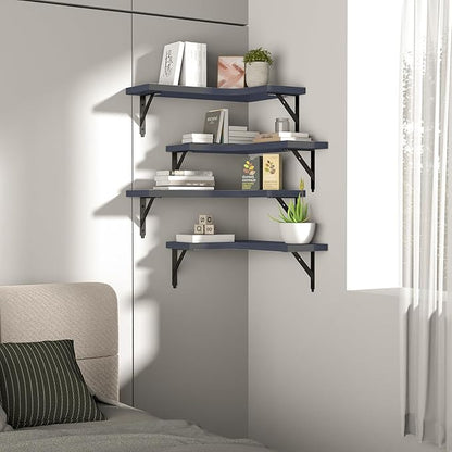 Corner Floating Shelves Wall Mounted Set of 4, Rustic Wood Storage Display Wall Shelves for Home Decor, Bathroom, Kitchen, Bedroom, Living Room, Office (Grey)