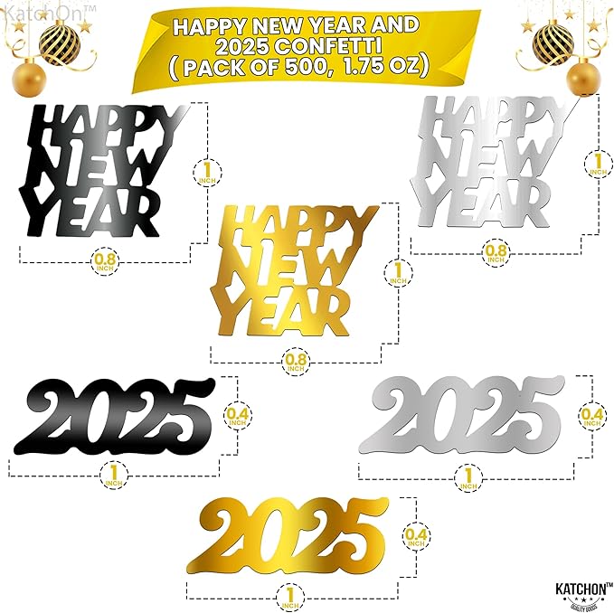 KatchOn, Black, Gold and Silver 2025 Confetti - 1.8 Ounce, Pack of 500 | New Years Confetti | Happy New Year Confetti for New Years Decorations 2025 | New Years Eve Party Supplies 2025