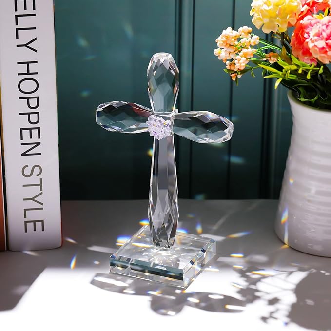 YWHL Crystal Standing Cross Decor, Religious Gifts for Women Men, Handmade Glass Holy Cross Collectible Figurines for Home Decoration, Easter Christmas Decoration for Pary