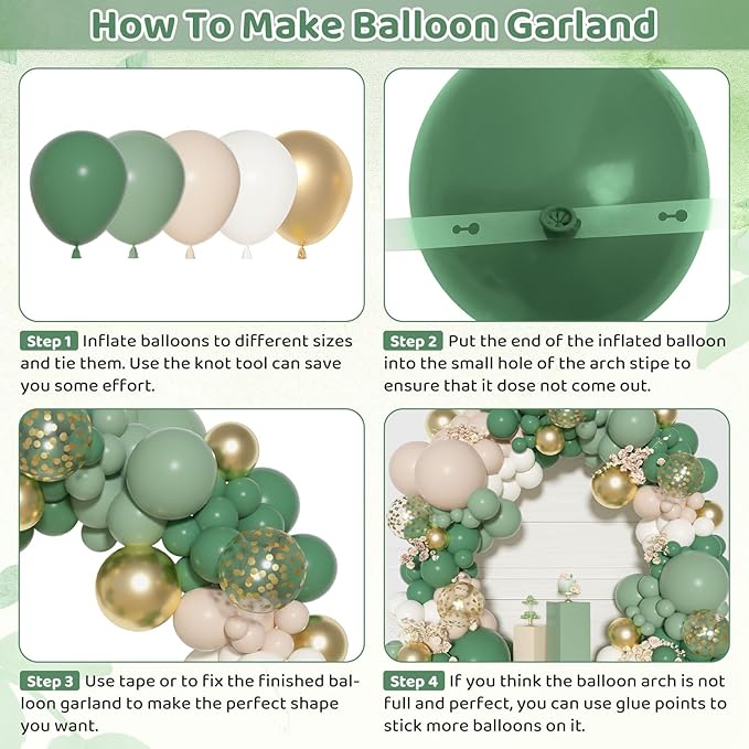 Ouddy Party Sage Green Balloons Arch Garland Kit, Different Sizes 18 12 10 5 inch Sage Green Gold Sand White Olive Latex Metallic Confetti Balloon for Baby Shower Safari Birthday Party Decorations