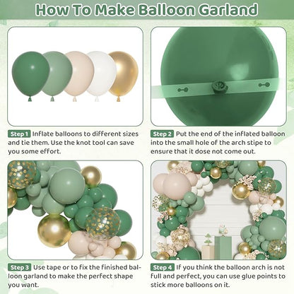 Ouddy Party Sage Green Balloons Arch Garland Kit, Different Sizes 18 12 10 5 inch Sage Green Gold Sand White Olive Latex Metallic Confetti Balloon for Baby Shower Safari Birthday Party Decorations
