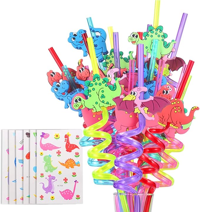24 Reusable Dinosaur Drinking Plastic Straws + 6 Dinosaur Temporary Tattoos for Kids Girls Boys | Dinosaur Birthday Party Supplies Three Rex Party Favors Decorations with Cleaning Brush