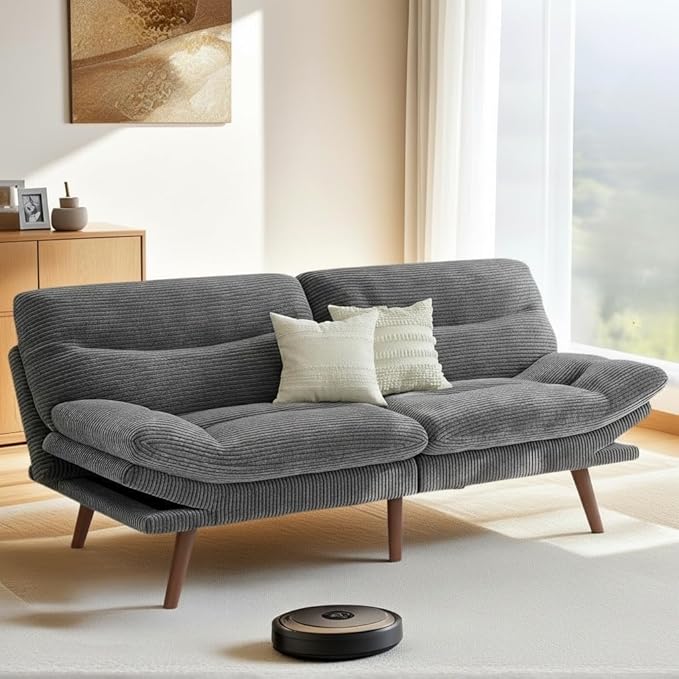 Pipishell Futon Sofa Bed, 75 Inch Corduroy Futon Couch Convertible with Adjustable Backrest and Armrests, Recliner Sleeper Sofa for Small Spaces, Living Room, Office, Guest Room (Grey, 75 Inch) | Adjustable