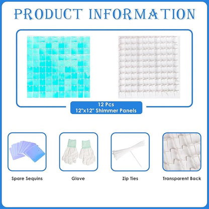Shimmer Wall Backdrop Blue Iridescent Square Sequin Wall Panel Backdrop Decor for Wedding, Anniversary, Birthday, Party, 12 Panels