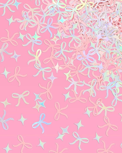 xo, Fetti Bow Confetti - 200 pc | Bachelorette Party Pink and Iridescent, Engagement Party Decoration, Tying the Knot Table Decor, Bride To Be Coquette Ribbon Bridal Shower Supplies