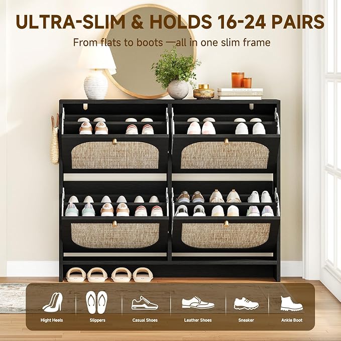 Nicetree Freestanding Arched Rattan Accent Ultra Slim Shoe Cabinet for Entryway - 4 Flip Drawers & 3-Tier Adjustable Shelves, Farmhouse Modern Rustic Shoe Rack for Hallway Foyer Living Room,Black
