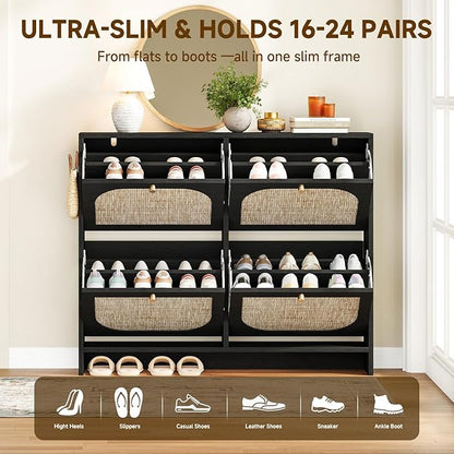 Nicetree Freestanding Arched Rattan Accent Ultra Slim Shoe Cabinet for Entryway - 4 Flip Drawers & 3-Tier Adjustable Shelves, Farmhouse Modern Rustic Shoe Rack for Hallway Foyer Living Room,Black