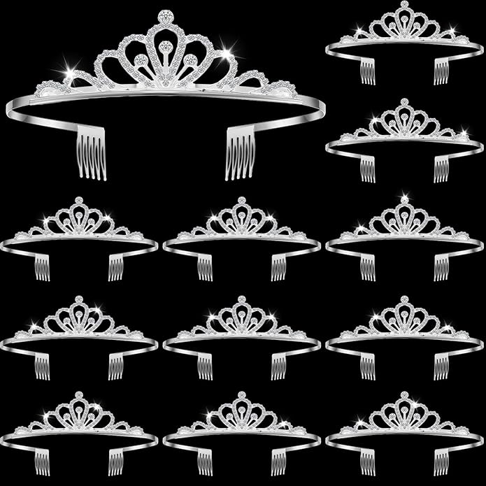 Remuuly 12 Pcs Princess Tiara for Women Silver Queen Tiara Rhinestone Hair Accessories, Princess Headbands Bulk for Bridal Wedding Birthday Prom Christmas Party, with Comb