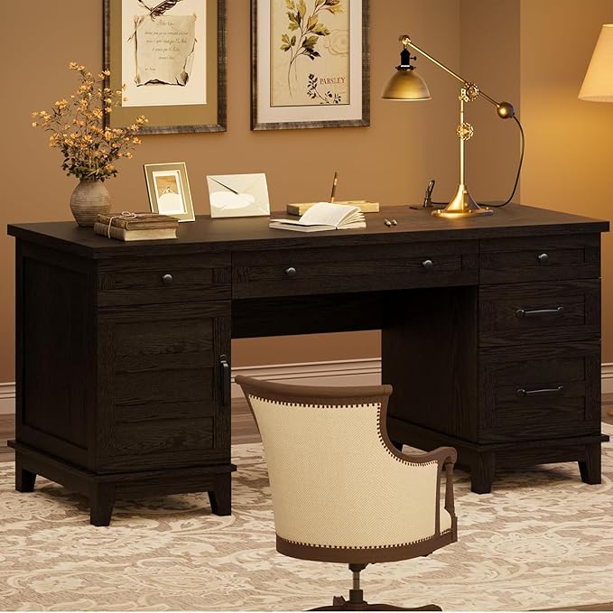 60 Inch Farmhouse Executive Desk with File Drawers for Home Office, Large Computer Desk with Storage Cabinet & Charging Station, Wooden Writing Table with Power Outlets & USB Ports for Work Study