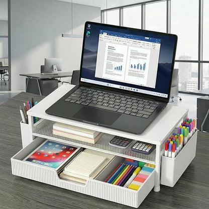 Desk Organizer and Accessories, 2-Tier Computer Monitor Stand Rise with Storage Drawer & 2 Pen Holders, Laptop & Printer Stand for Desktop, Workspace Organizers for Office Supplies (White)