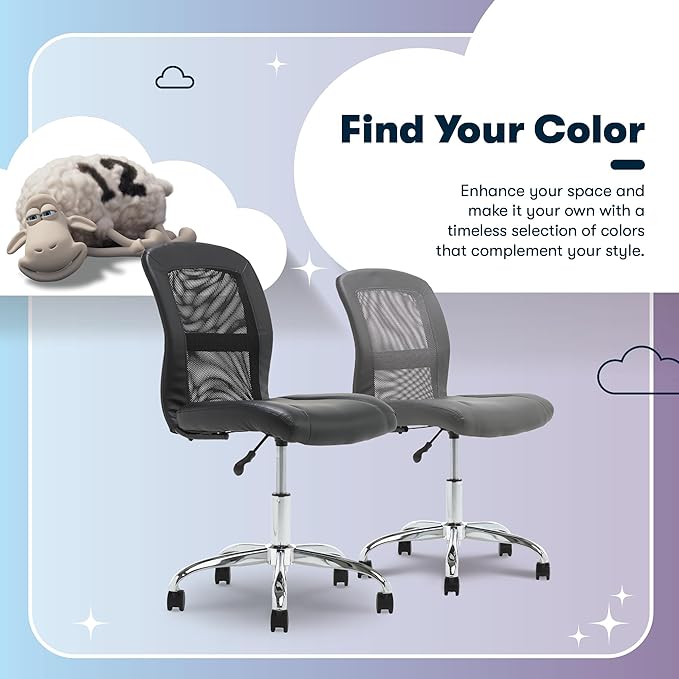 Serta Essential Armless TaskChair, Small Desk Chairs with Wheels, Breathable Mesh Back and Faux Leather, Quality Foam Cushion Seat for Comfort, Minimal Design for Vanity Table, Black