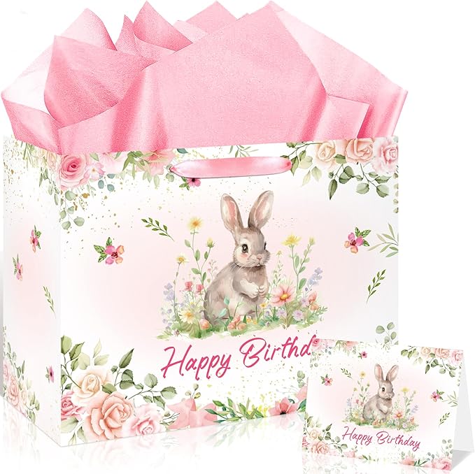 Rabbit Bunny Birthday Party Decorations Bunny Birthday Gift Bag Large Pink Floral Rabbit Gift Bag with Handle Tissue Paper Greeting Card for Girls Women Kids Christmas Baby Shower Party Supplies