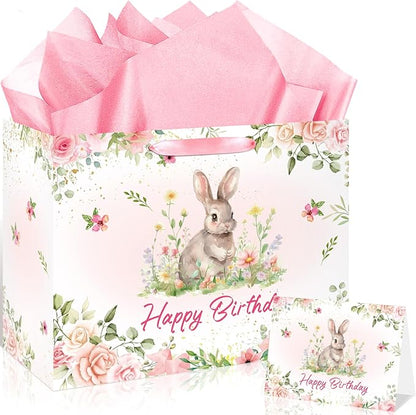 Rabbit Bunny Birthday Party Decorations Bunny Birthday Gift Bag Large Pink Floral Rabbit Gift Bag with Handle Tissue Paper Greeting Card for Girls Women Kids Christmas Baby Shower Party Supplies