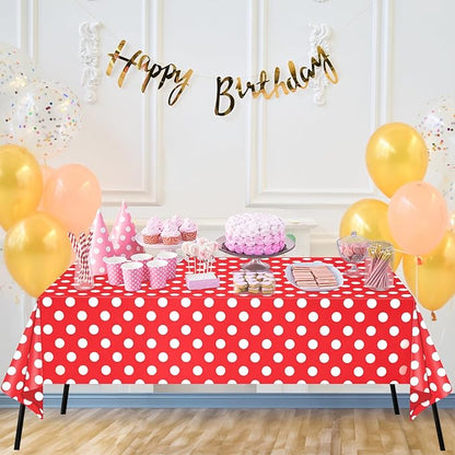 WNINK 6 Pack Red and White Polka Dot Tablecloths – Disposable Plastic Waterproof Table Cover, 54" x 108", for Birthday, Wedding, Bridal Shower, Bachelor Party, and Picnic
